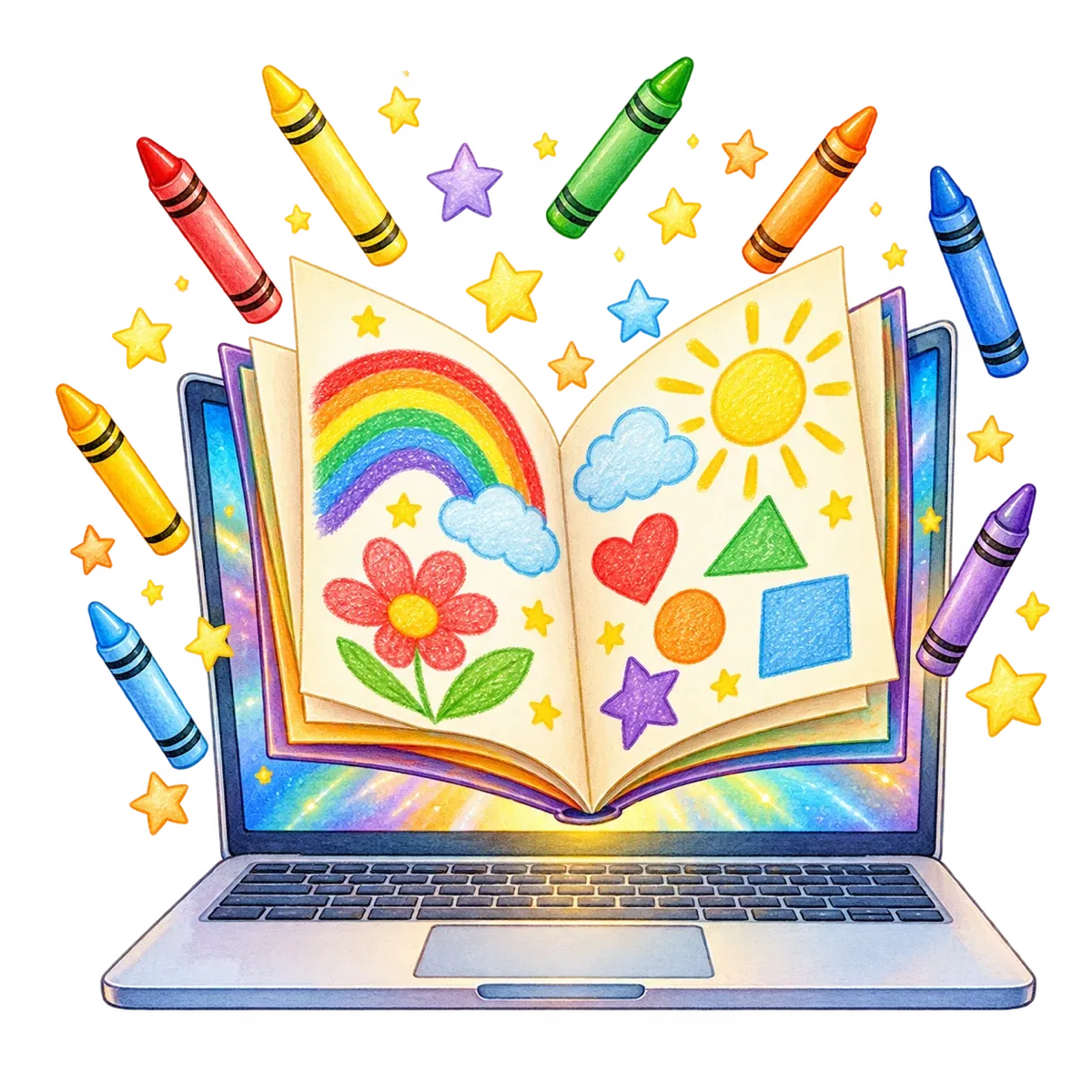 Ilustración: un manual de actividades sale de la pantalla de una laptop entre crayones y estrellas.