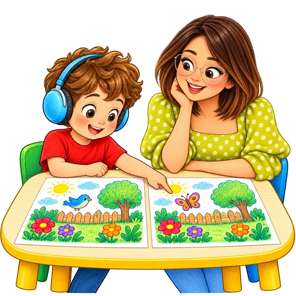 Ilustración: Mateo y la maestra, de melena corta y lentes, buscan diferencias entre dos dibujos grandes puestos lado a lado; Mateo señala un detalle con el dedo.