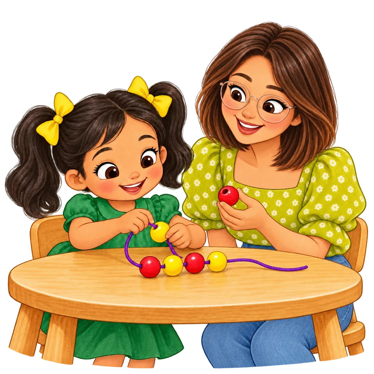 Ilustración: Sofi completa una fila de cuentas de colores que alternan rojo, amarillo, rojo, amarillo, sobre una mesa, junto a la maestra, de melena corta y lentes.