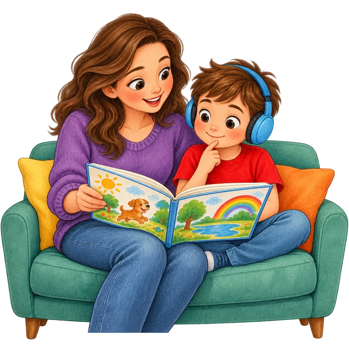 Ilustración: Una mamá lee un cuento corto a Mateo, que escucha atento con un dedo en la barbilla.