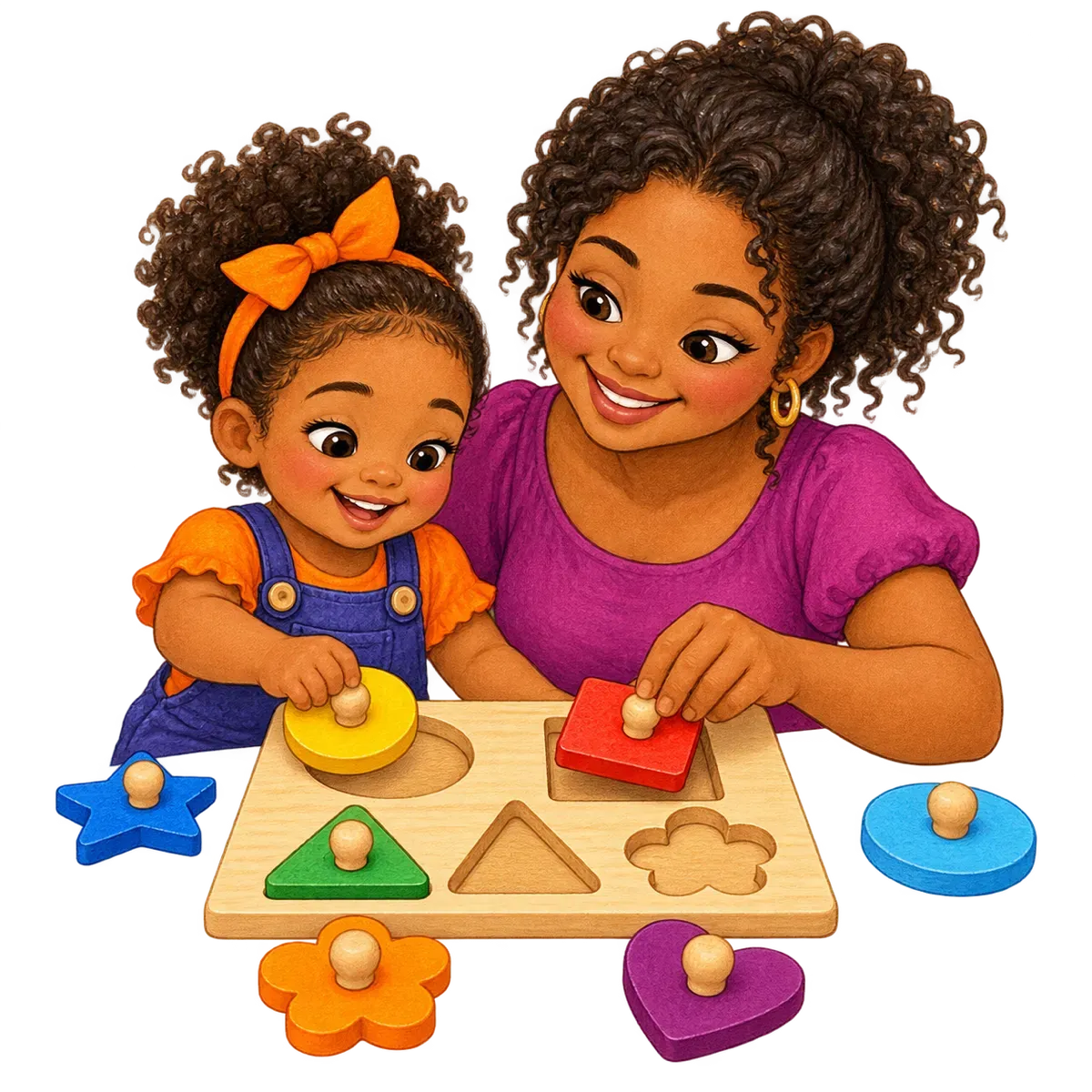 Ilustración: Ami y una mamá arman juntas un rompecabezas de encaje de madera con piezas grandes y perillas.