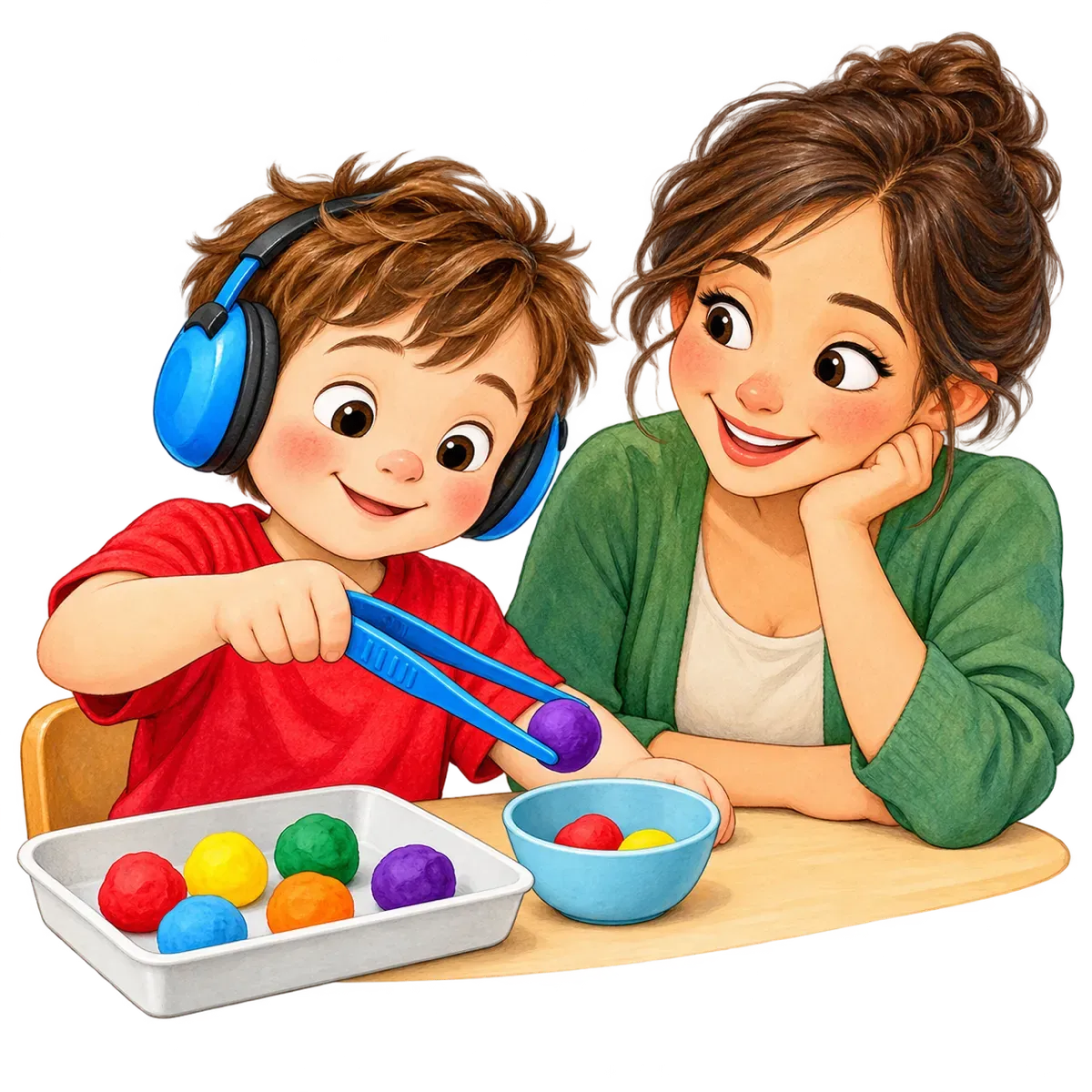 Ilustración: Mateo pasa bolitas de plastilina con unas pinzas grandes de plástico a un recipiente.