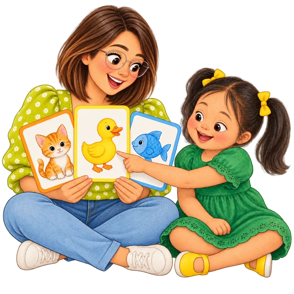 Ilustración: La maestra, de melena corta y lentes, y Sofi miran tarjetas grandes con dibujos de animales; Sofi señala un pato.