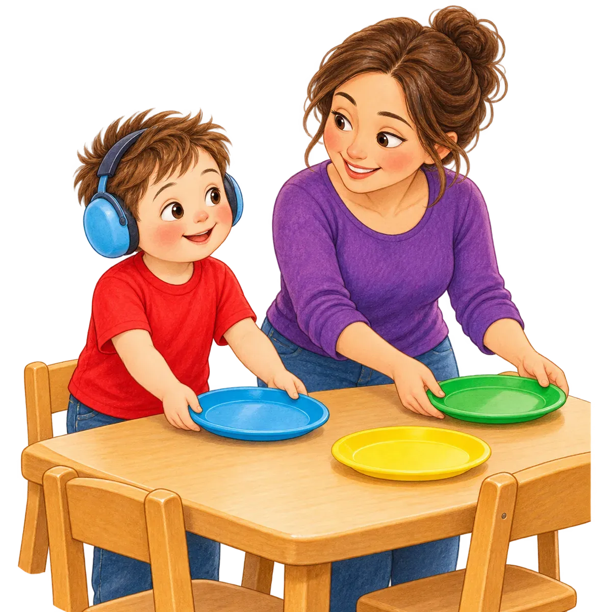 Ilustración: Mateo pone platos de plástico en la mesa ayudando a una mamá a preparar la comida.