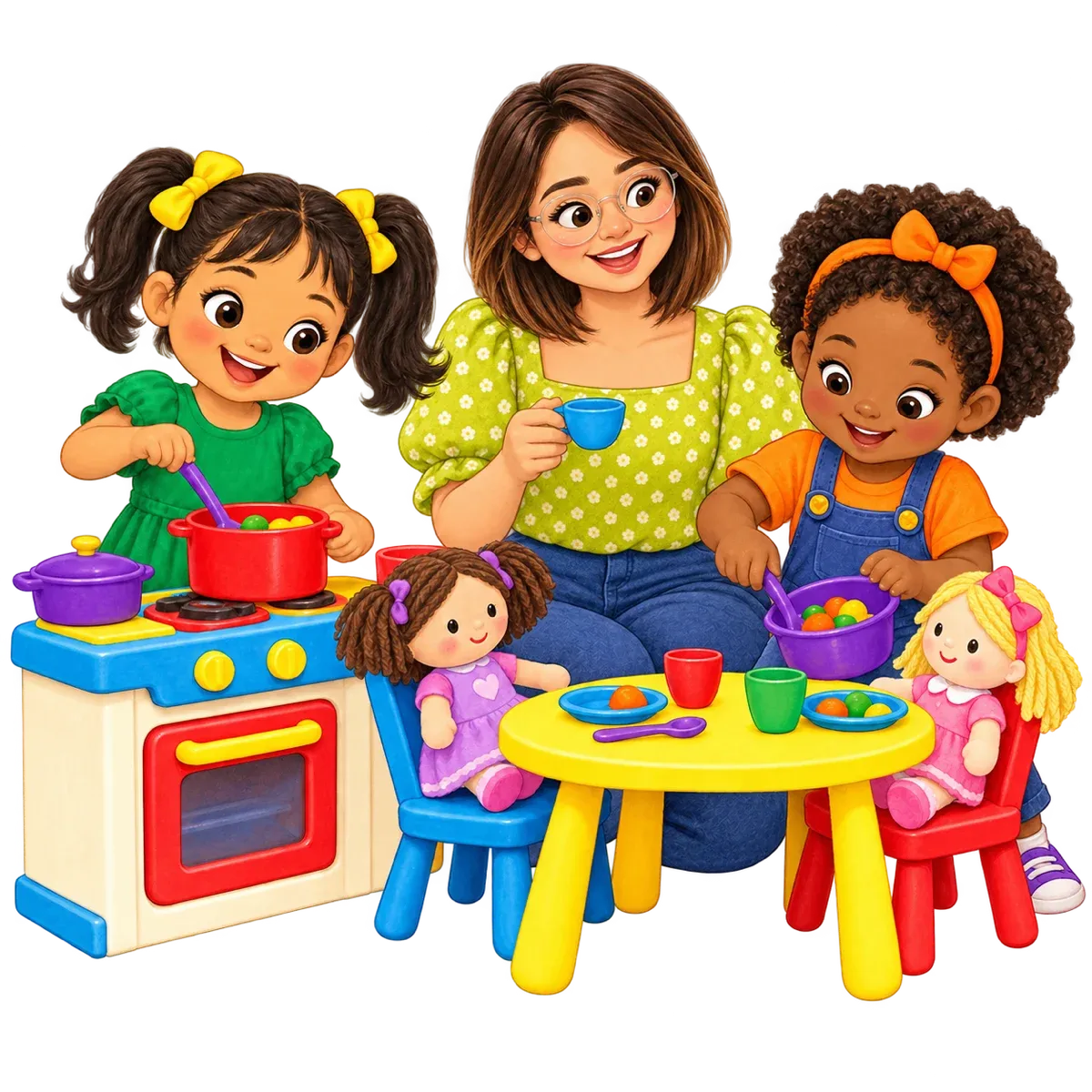 Ilustración: Sofi y Ami juegan a la cocinita con ollas de juguete y muñecos sentados a la mesa; detrás, la maestra, de melena corta y lentes, sostiene una tacita.