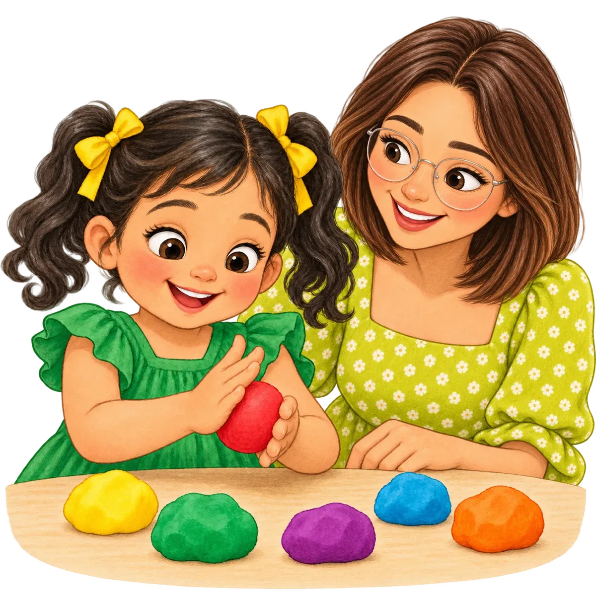 Ilustración: Primer plano de las manos de Sofi aplastando y formando una bolita de plastilina, con la maestra, de melena corta y lentes, mirando.
