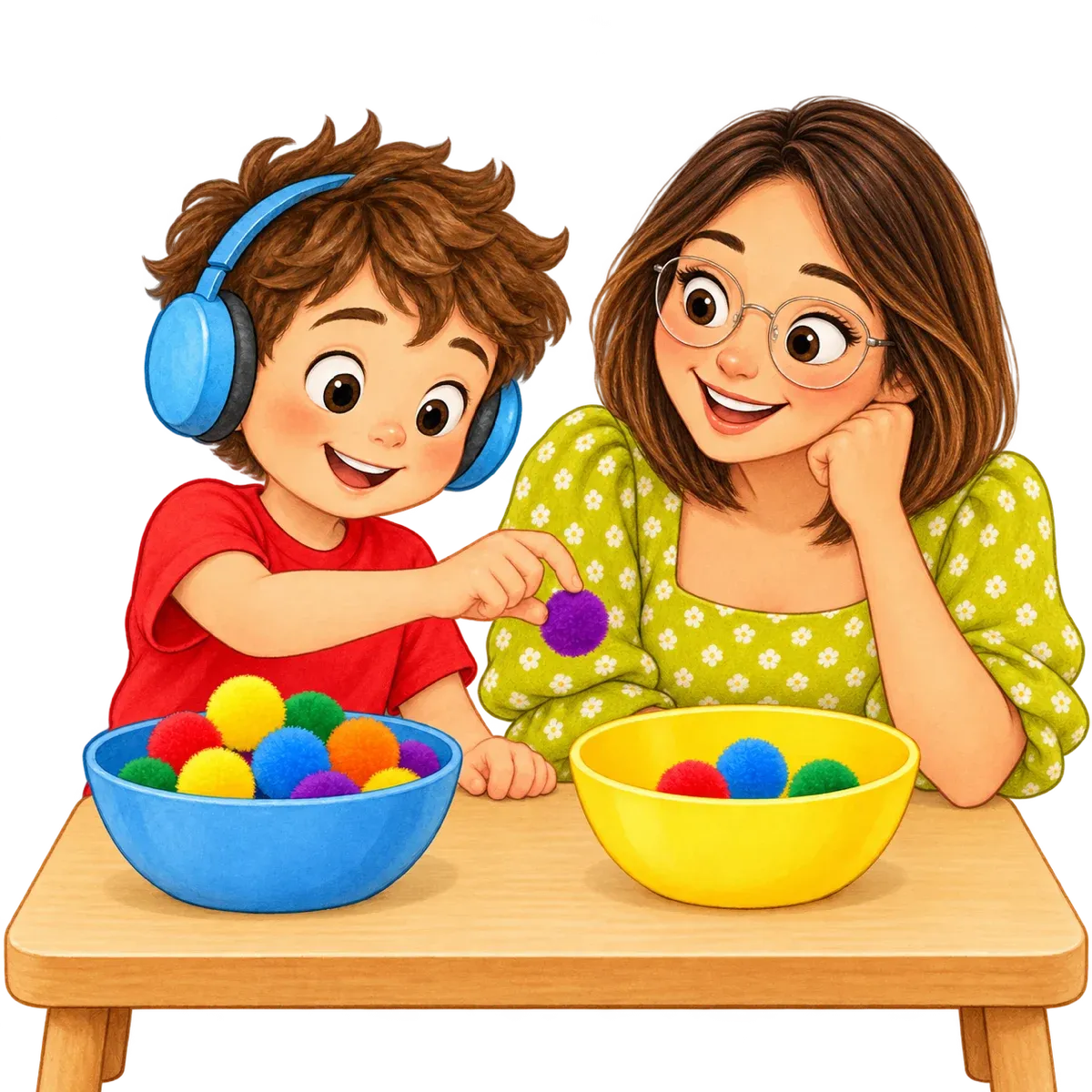 Ilustración: Mateo pasa pompones grandes de colores de un tazón a otro usando sus dedos índice y pulgar, mientras la maestra, de melena corta y lentes, lo mira sonriente.