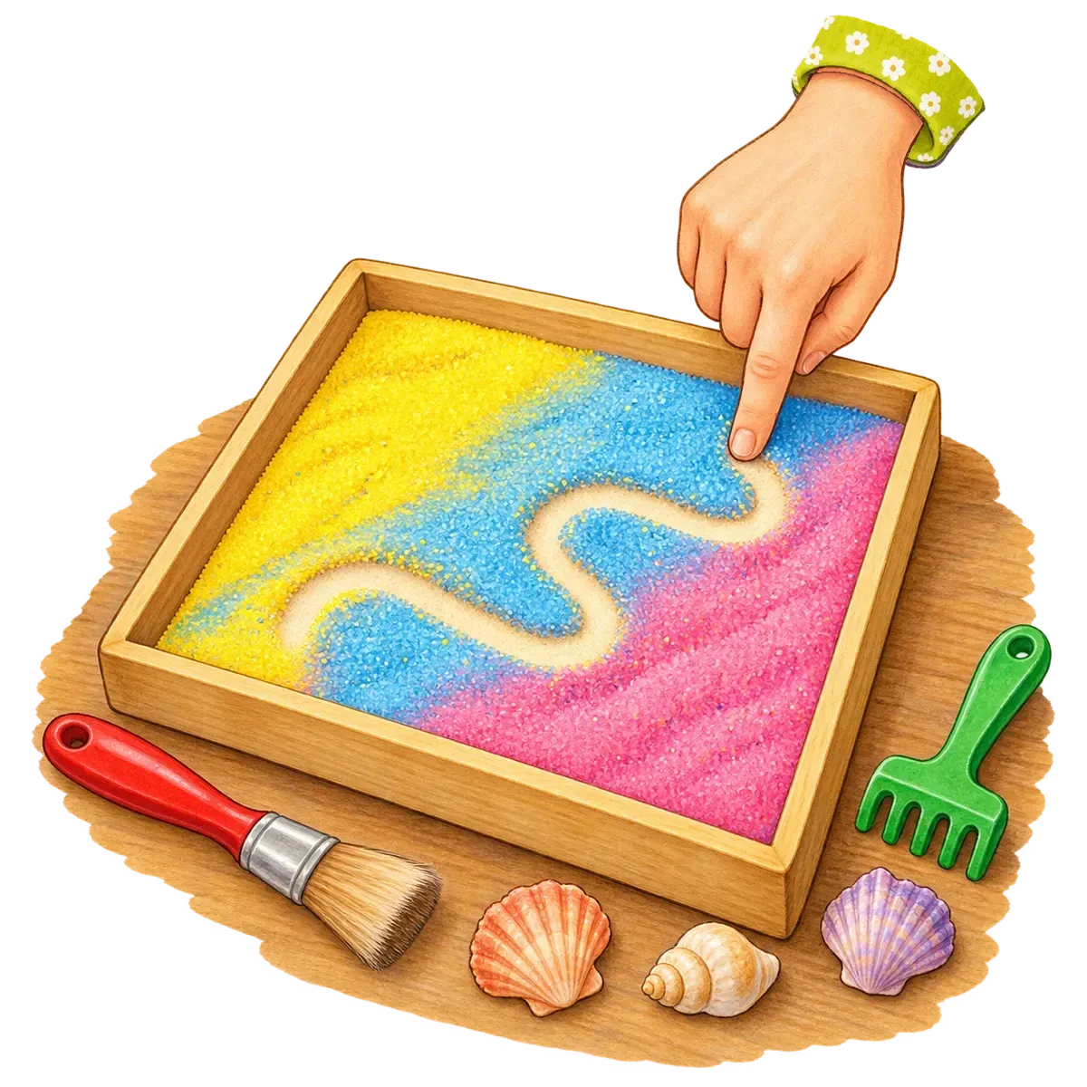 Ilustración: una mano adulta traza con el dedo una línea ondulada en una bandeja de arena amarilla, celeste y rosa, junto a un pincel, un rastrillo y conchitas.