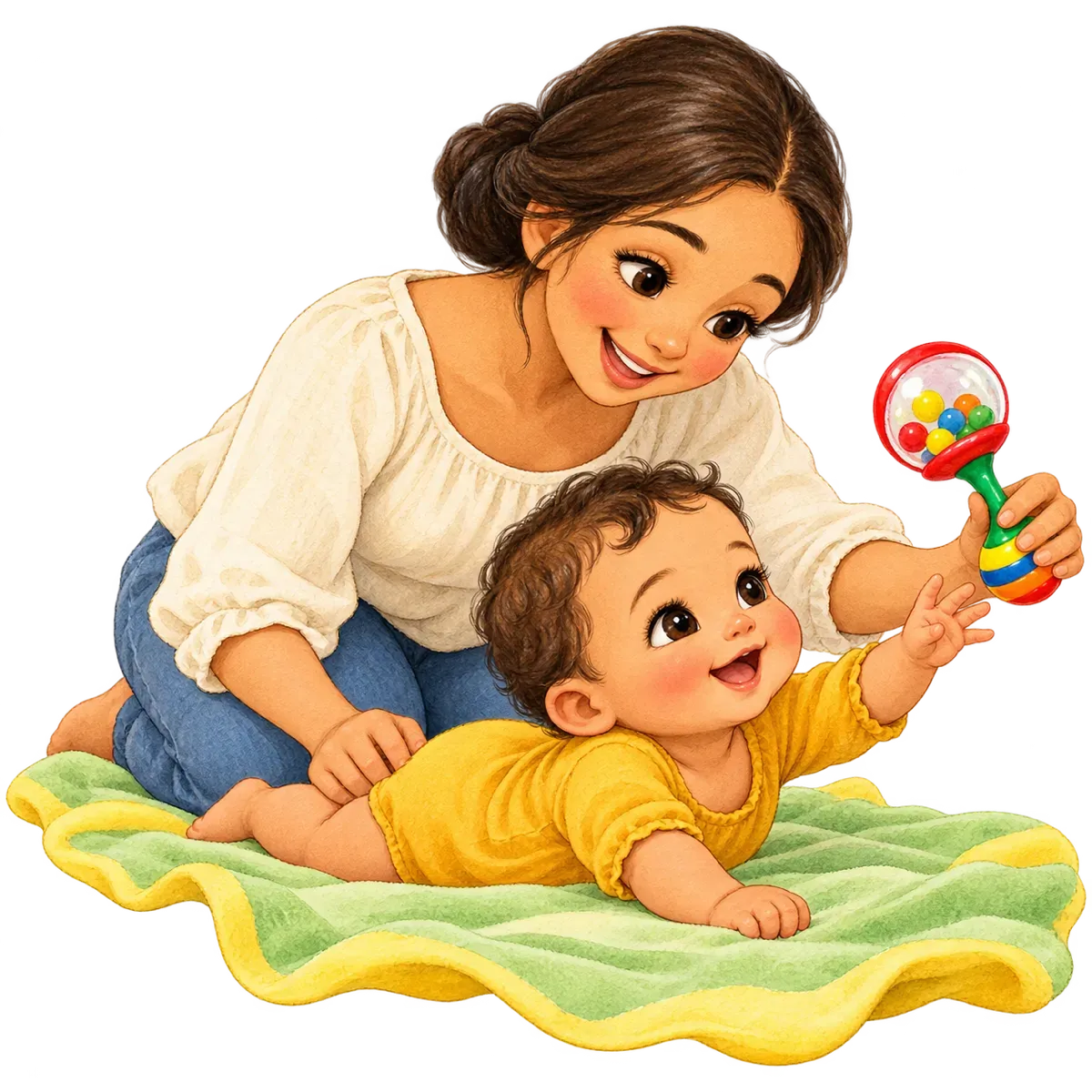 Ilustración: El bebé boca abajo sobre una manta, levantando la cabeza hacia un sonajero de colores; la mamá a su lado, vigilando.