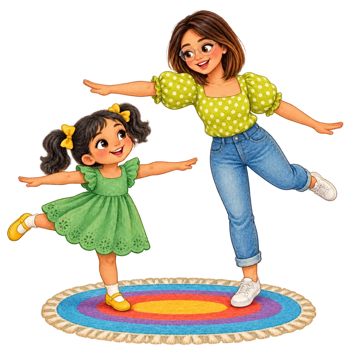 Ilustración: Sofi se para en un solo pie con los brazos abiertos sobre una alfombra; la maestra, de melena corta y lentes, la imita a su lado.