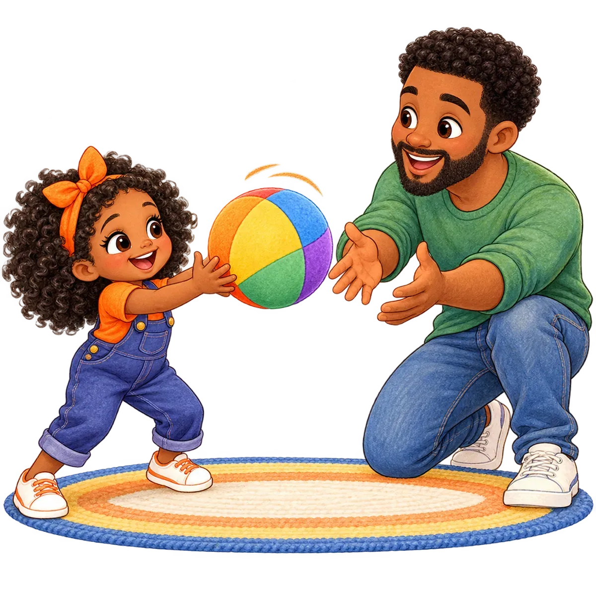 Ilustración: Ami atrapa una pelota blanda grande con las dos manos que le lanzó un papá desde cerca.