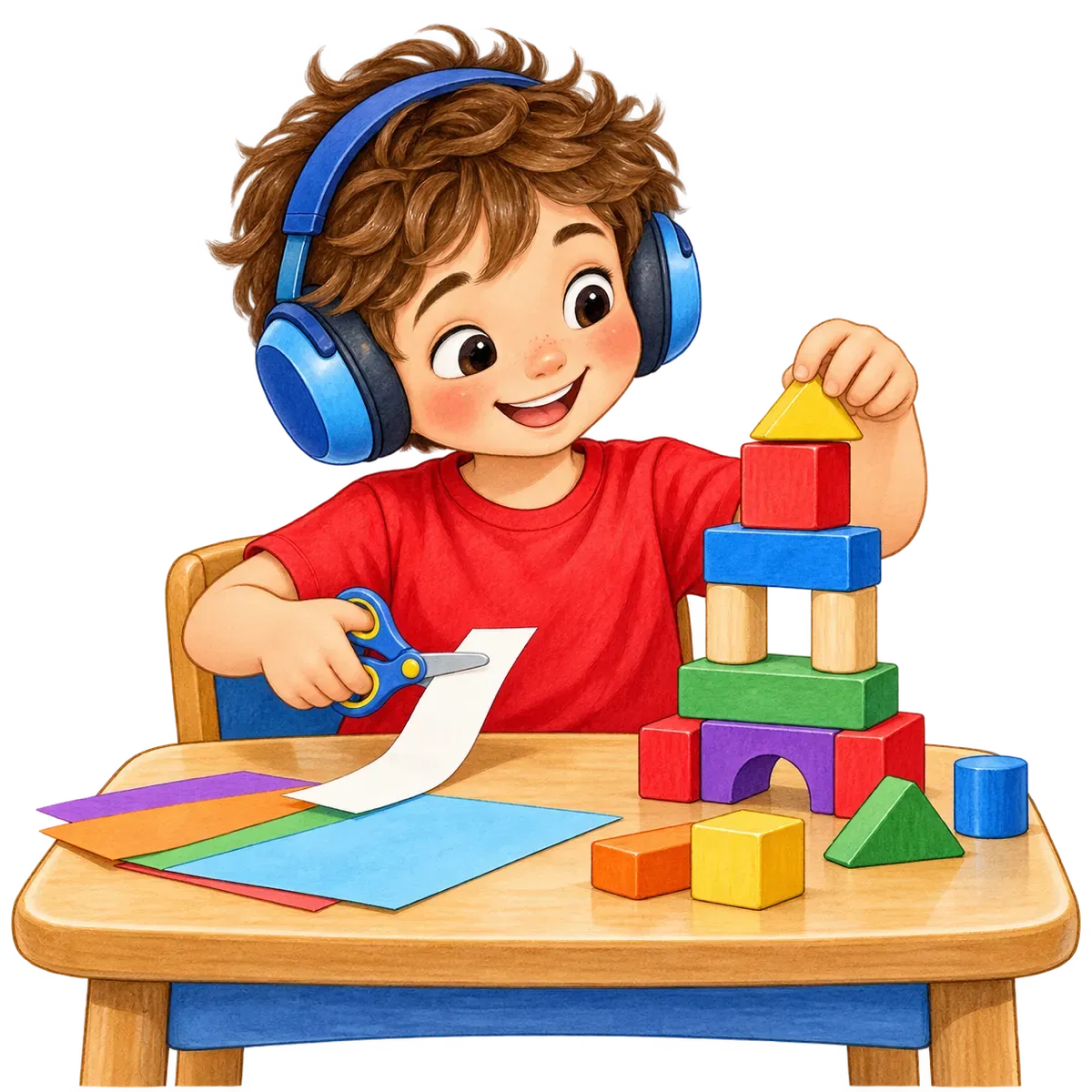 Ilustración: Mateo arma una torre de bloques de colores y recorta papel con tijeras de punta redonda en una mesa.