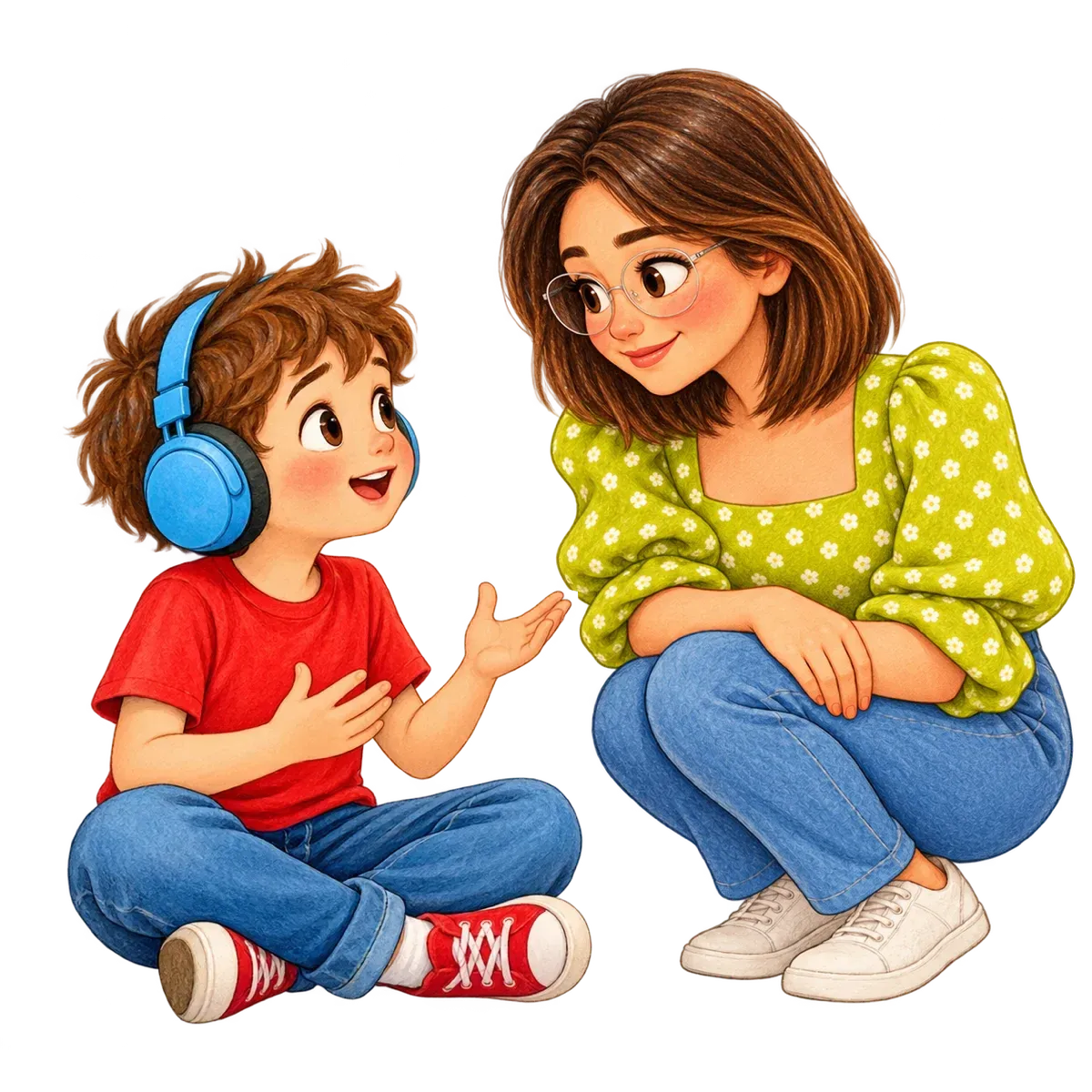 Ilustración: La maestra, de melena corta y lentes, escucha a Mateo con calma, agachada a su altura, sin interrumpir; Mateo habla y ella asiente.
