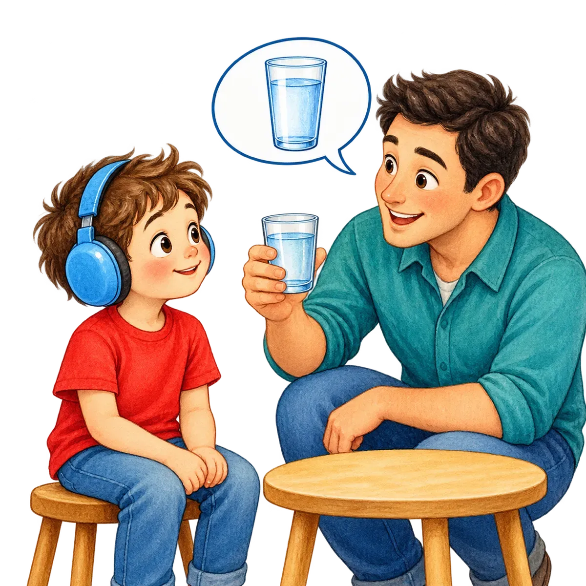 Ilustración: Un papá le muestra a Mateo un vaso de agua y le habla con frase corta; un globo de diálogo con el dibujo de un vaso.