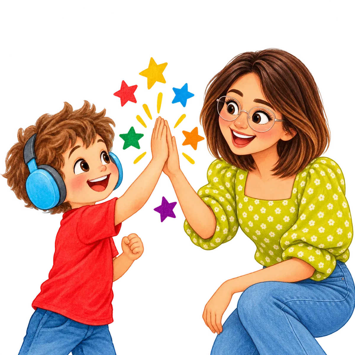 Ilustración: La maestra, de melena corta y lentes, y Mateo chocan las manos sonrientes celebrando; estrellitas pequeñas alrededor.