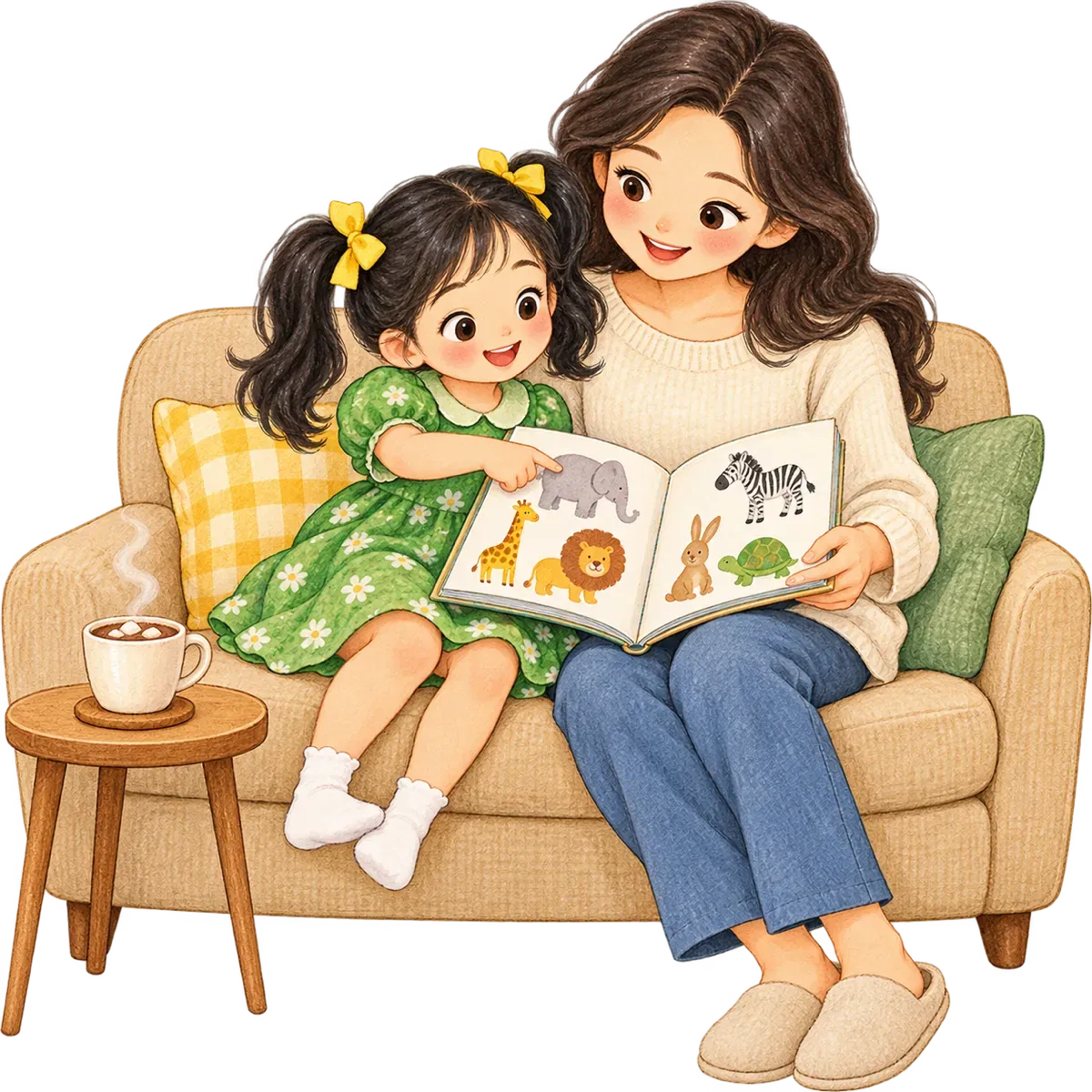Ilustración: Sofi y una mamá sentadas en un sofá leyendo un libro de dibujos por turnos, sin prisa, con una taza de chocolate.