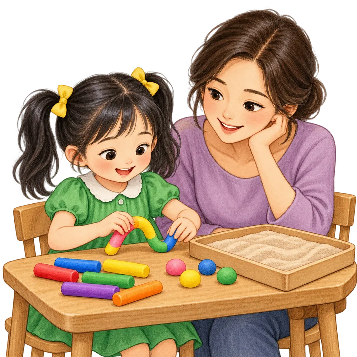 Ilustración: Sofi forma con un churro de plastilina una forma curva sobre la mesa; bandeja de arena al lado.