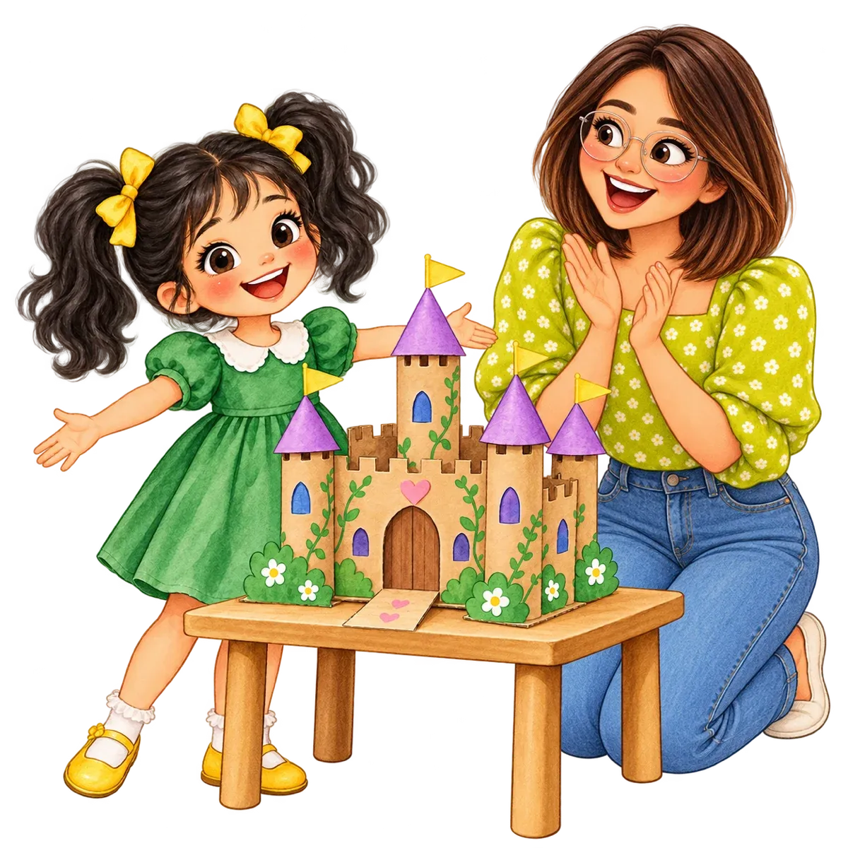 Ilustración: Sofi muestra orgullosa una maqueta de cartón de un castillo que construyó; la maestra, de melena corta y lentes, aplaude.
