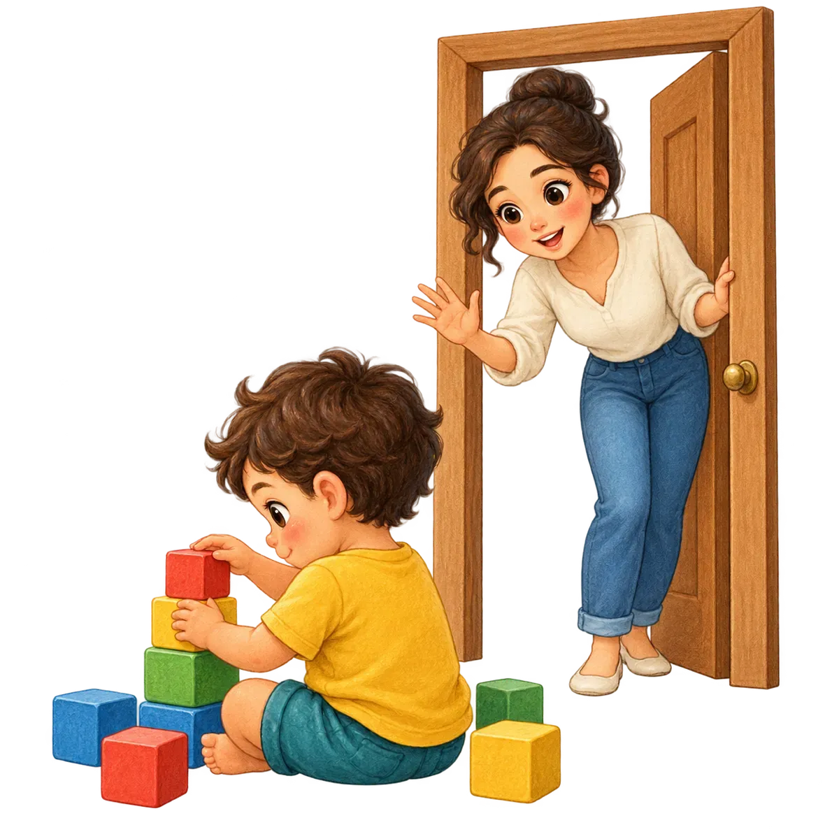 Ilustración: Una mamá llama al niño desde la puerta mientras él juega con bloques de espaldas.