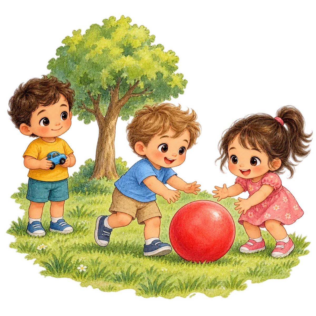 Ilustración: En un parque, dos niños juegan con una pelota mientras el niño los mira desde un lado con su carrito.