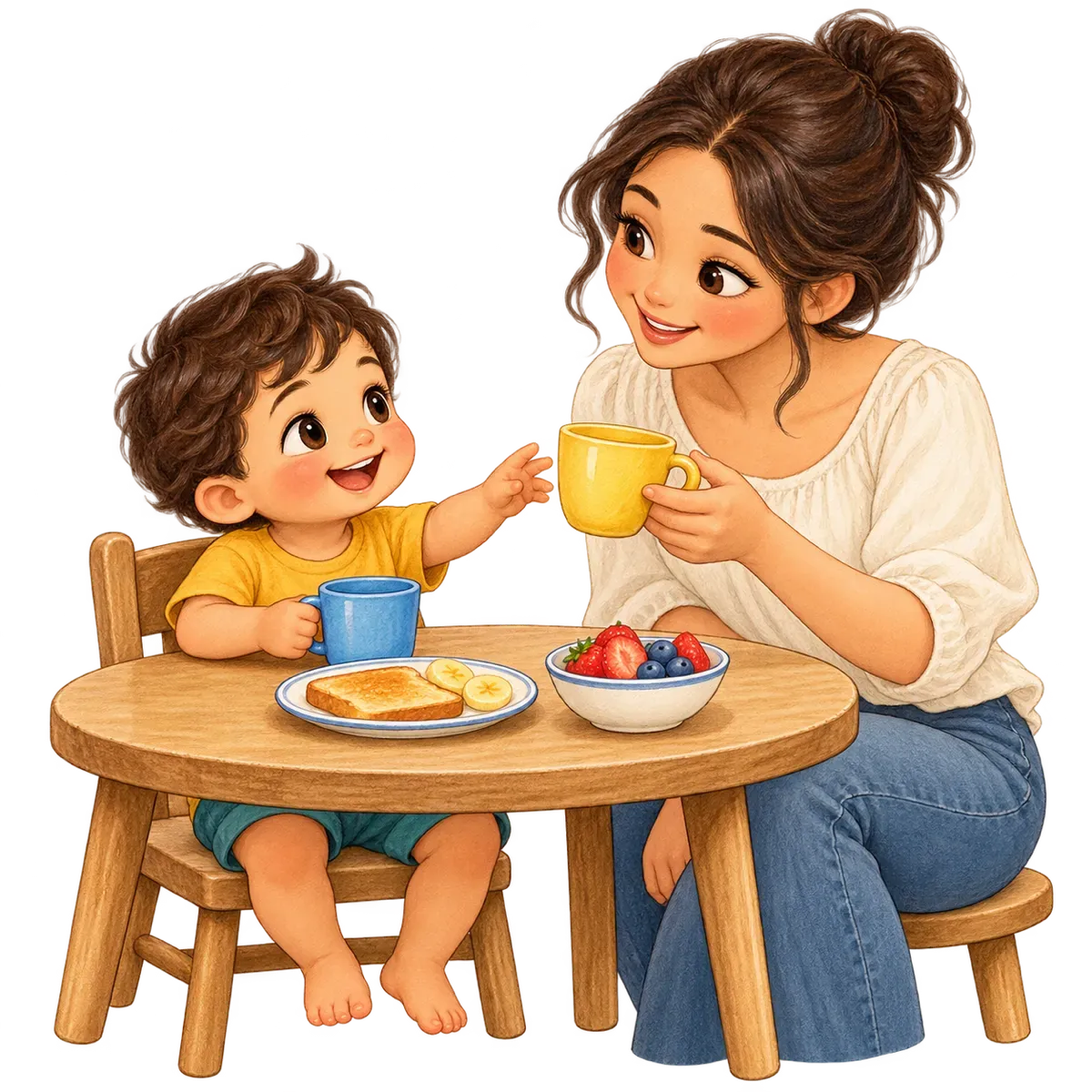 Ilustración: El niño frente a una mesa de desayuno con su taza de siempre y otra taza diferente; la mamá le acerca la nueva con calma.