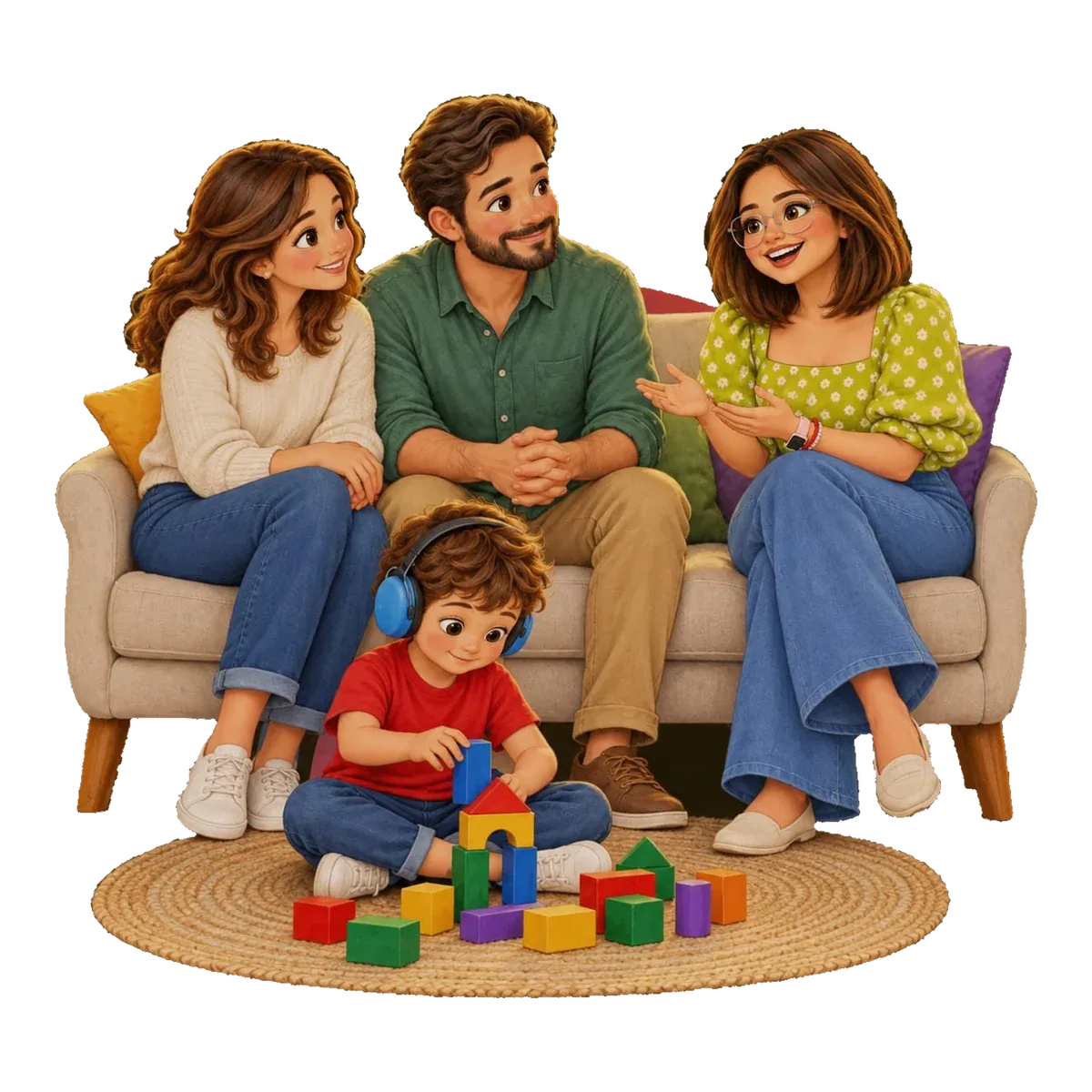 Ilustración: una mamá y un papá conversan en un sofá con la maestra, de melena corta y lentes, mientras Mateo juega con bloques en la alfombra.