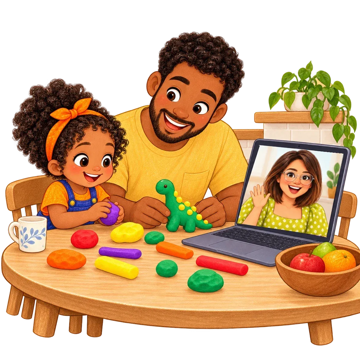Ilustración: la maestra, de melena corta y lentes, saluda desde una laptop mientras Ami y su papá juegan con plastilina en la cocina.